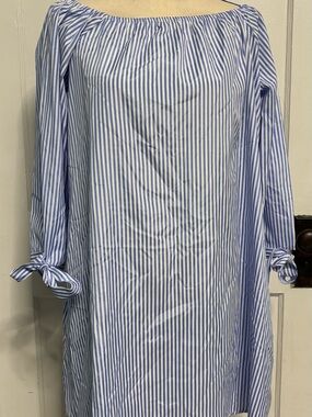 Women’s Blue & White Striped Off-Shoulder Long Sleeve Dress
